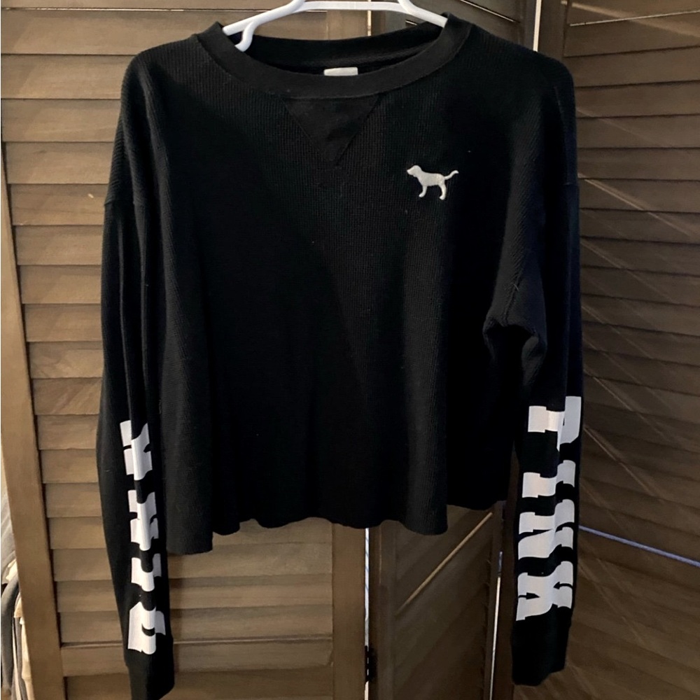 PINK Victoria Secret Black Long Sleeve Shirt with White Logo